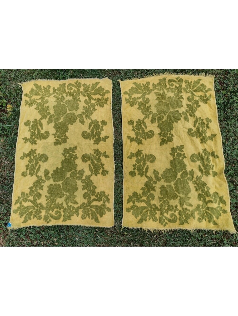 Vintage 60s Cannon Monticello Bath Towels Set 2 Yellow Green Velour Floral USA